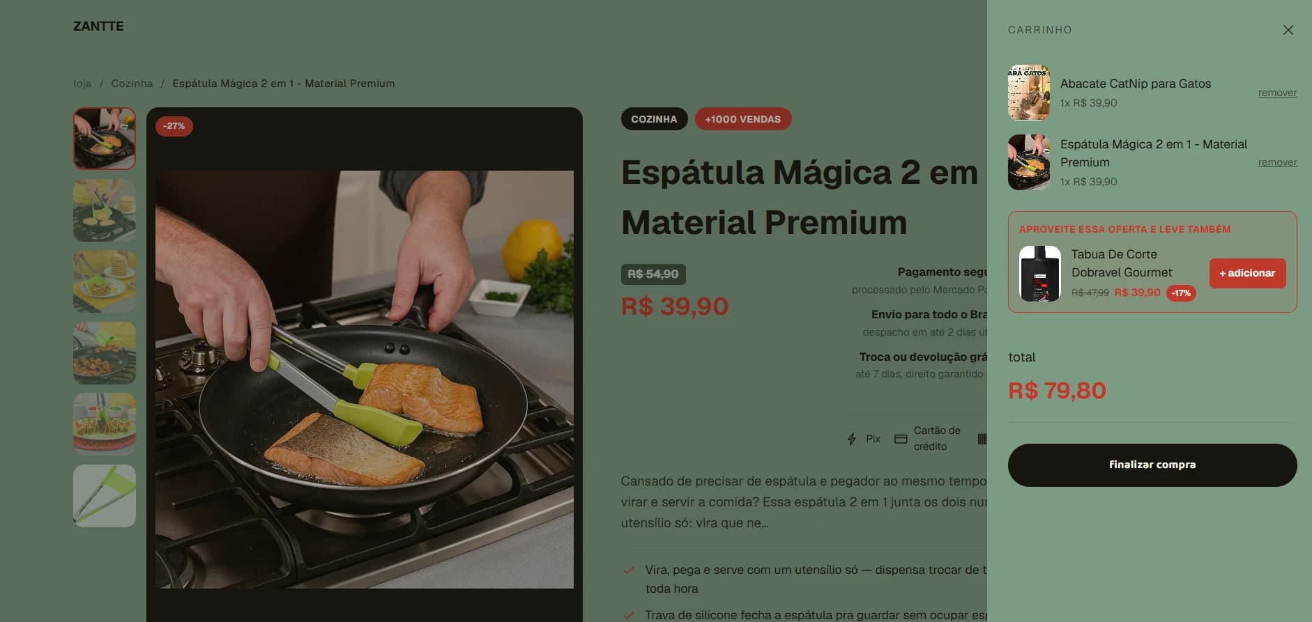 Página de produto da Zan Co. com carrinho e oferta adicional
