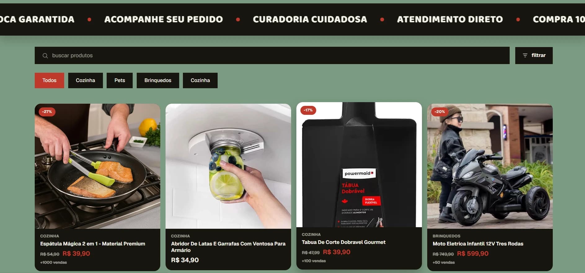 Vitrine de produtos da Zan Co. com busca e filtros
